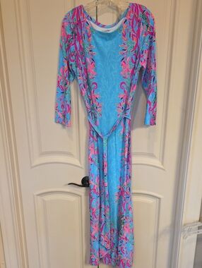 Lilly Pulitzer Turquoise Floral Wrap Maxi Dress with Pink Accents